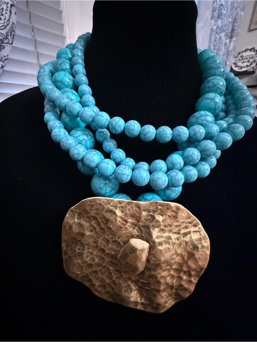 Turquoise Multi-Strand Bead Necklace with Hammered Gold Pendant